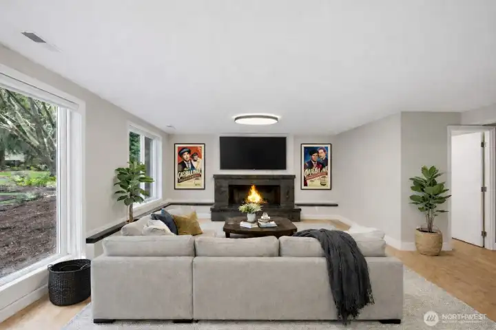 Rec Room/2nd Living room downstairs, Wood burning fireplace, Virtual Stage