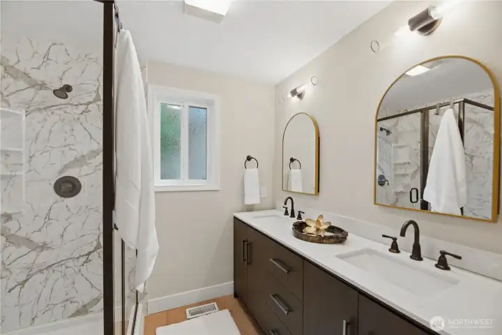 2 medicine chests with extra storage, large shower, dual sinks