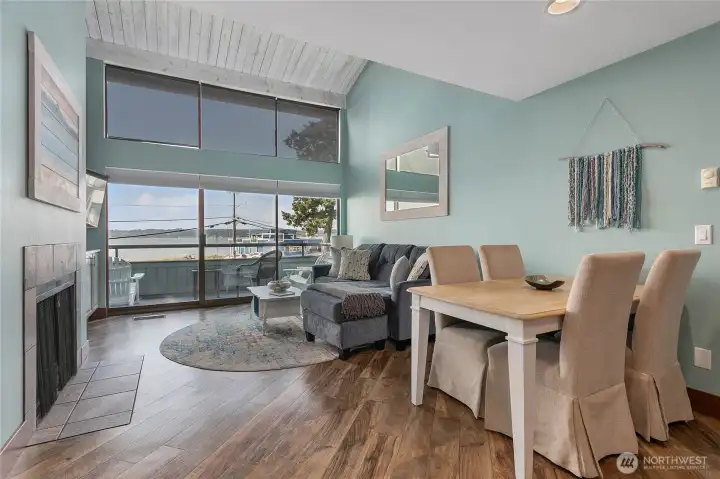 High ceilings and bay views from kitchen, dining and living room.