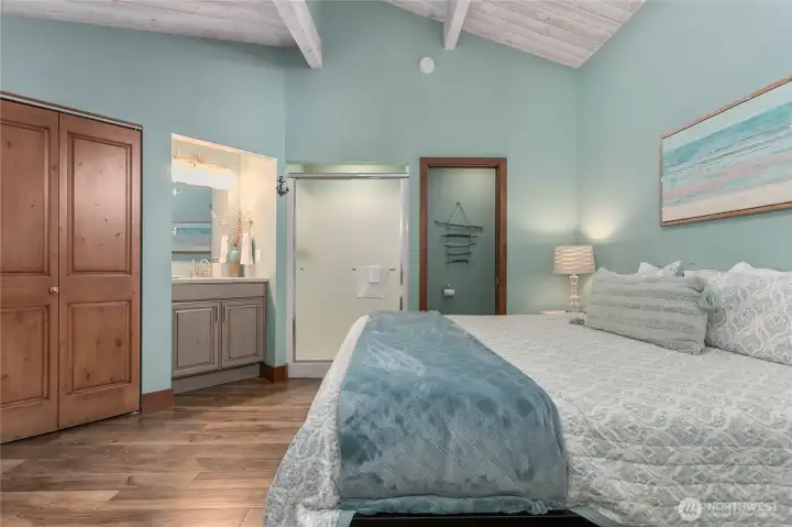 Upstairs bedroom with bay views and  3/4 bath. One of only condos in complex with 2 baths  (showers)