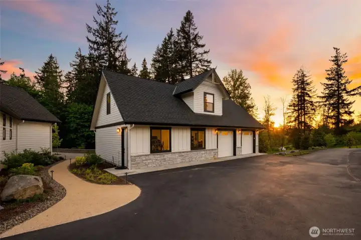 Twilight exterior of ADU/shop