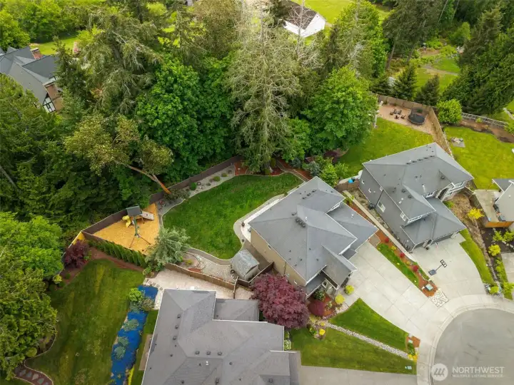Incredible yard backing to greenbelt of trees, there is an extended patio, playstructure, mature landscaping, fruit trees, garden shed and lots of room to play or entertain.