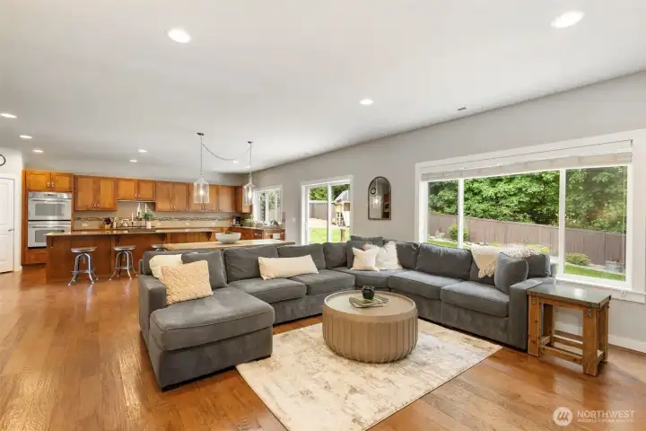 Kitchen and dining area flows to the spacious living room.