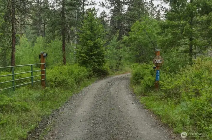 View of Washington Creek Rd with first gate. Continue straight to property. View of Washington Creek Rd with first gate. Continue straight to property.