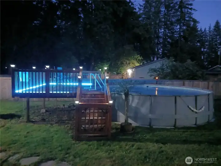 Check out the lighting around the deck at night! (photo provided by seller)