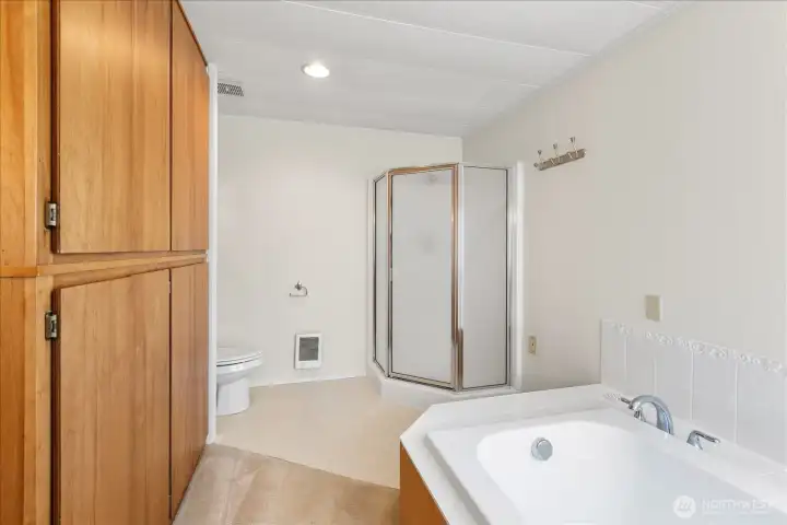 Another view of the primary bathroom with plenty of storage.