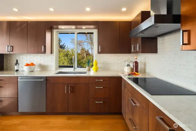 Three types of kitchen lighting: ambient, countertop lighting (below cabinets), and over-cabinet/ceiling lighting; all kitchen lighting is on dimmer switches.
