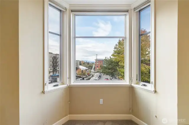 West facing views of historic Fairhaven and Bellingham Bay from guest room.