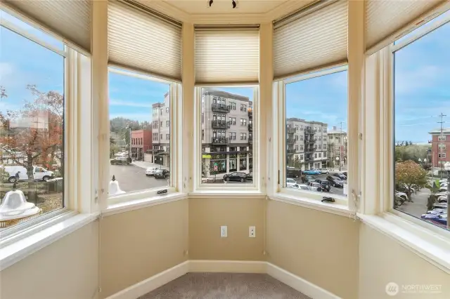 Reading nook? Lounge?.. How do you envision this unique space just of the living area? This sunny spot, with westward views of Bellingham Bay, is perched above the hustle and bustle of the historic Fairhaven core.