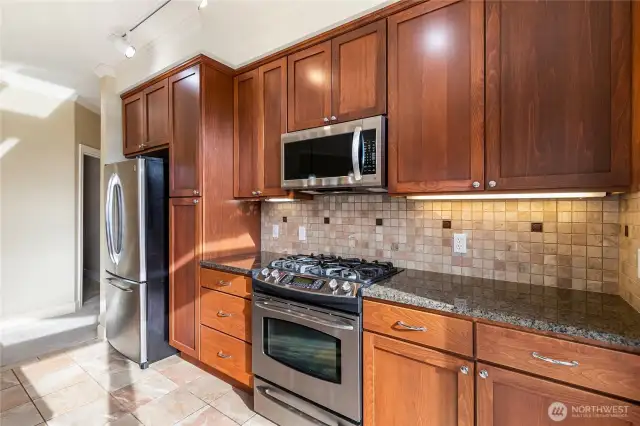 Stainless steel appliances and granite countertops.