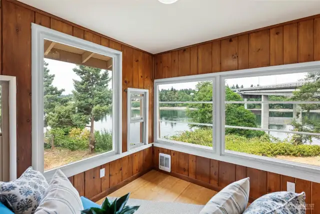Here's the solarium with a wall of windows to enjoy the views of the Narrows and the Warren Ave bridge regardless of the weather!