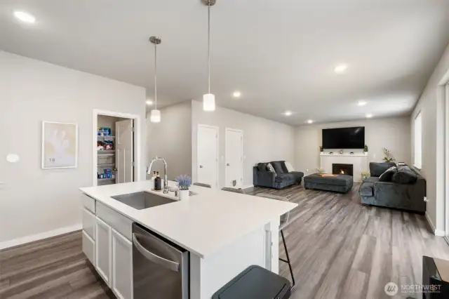 This open-concept kitchen offers clear sightlines to the living room and easy access to the walk-in pantry — combining beauty, function, and flow in one smart space.