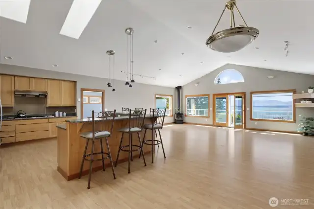 The Great room has spectacular views, vaulted ceilings, skylights and a gourmet Kitchen