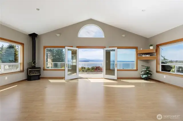On the right is all set up for surround sound, on the left is the propane stove for cozy winter...and the wonderful view!!!
