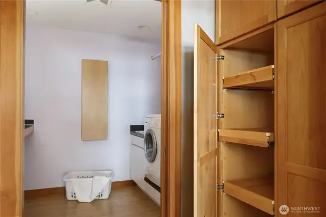 Panty leading to utility room has pullouts and cabinets on bothsides