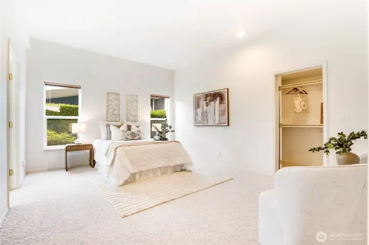 Primacy bedroom faces north. Large walk-in closet and lovely 5 piece bath with mobility assist.