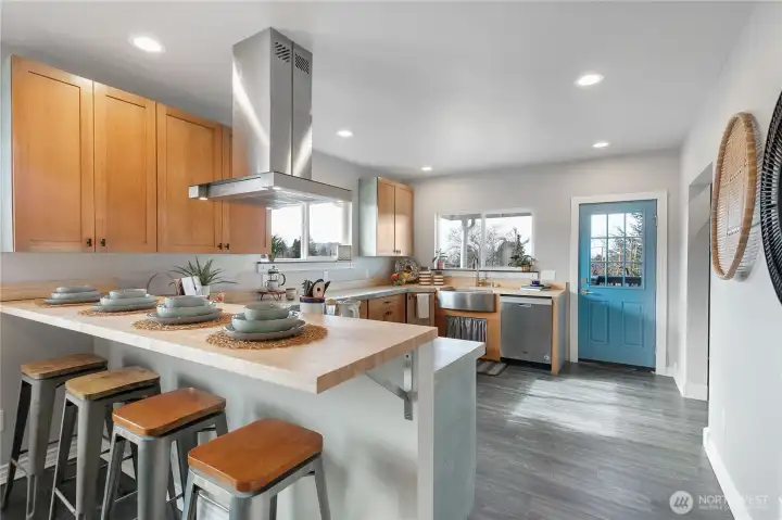 Kitchen with large bar seating