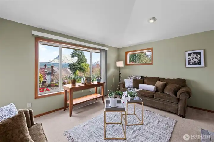 View of Mt. Rainier and the river from the second living room.