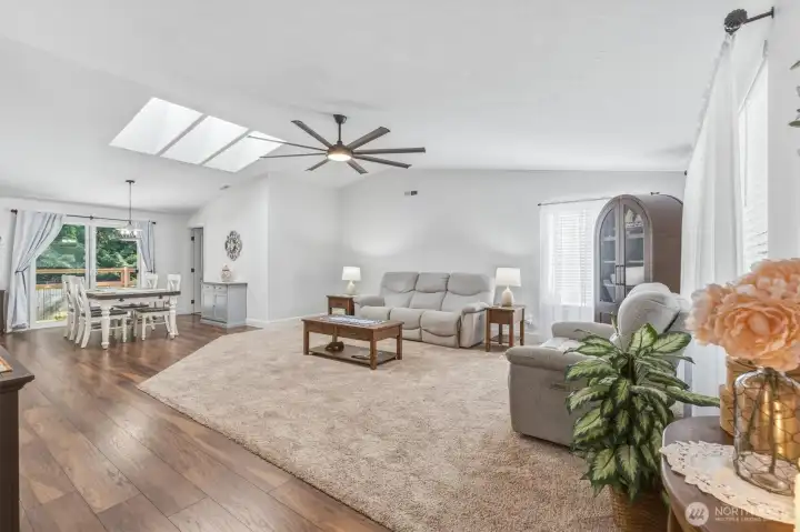 Living room with new carpet.