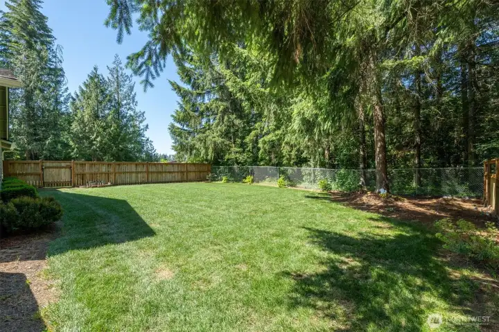 Fenced yard with sprinkler system.