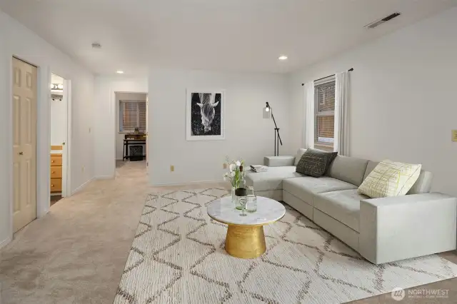 Virtually staged basement rec room