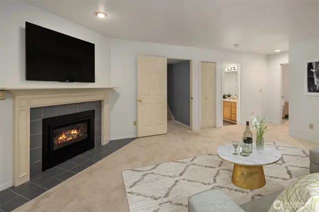 Virtually staged basement rec room