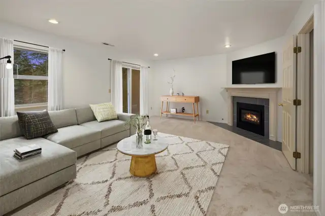 Virtually staged basement rec room