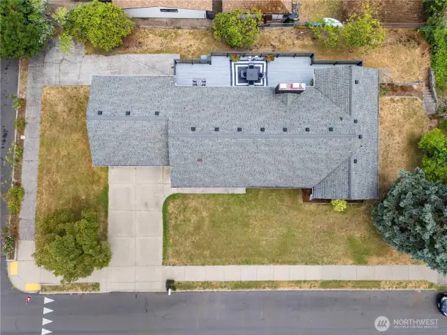 Ariel view of the roof line and property.
