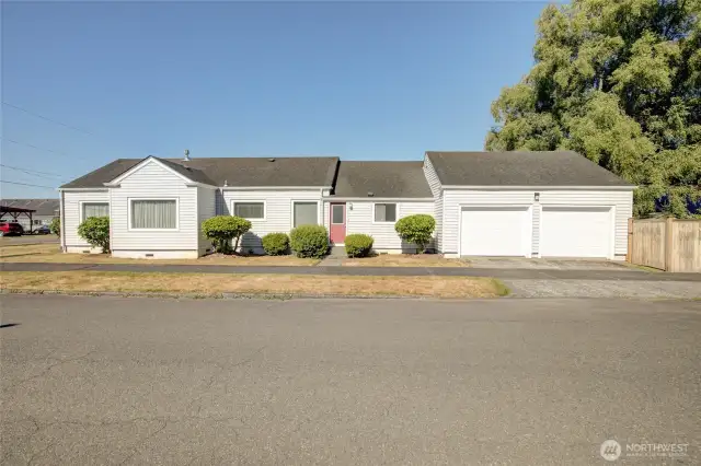 Side view with oversized garage.