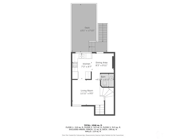 Kitchen, dining room and deck level, with dimensions.