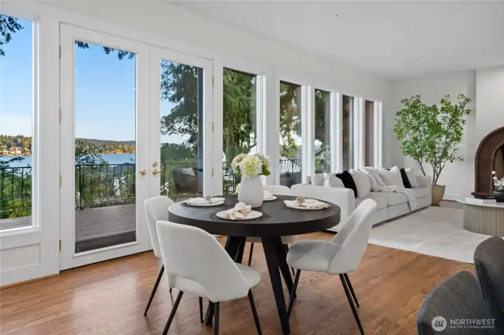 The kitchen has plenty of space for dining and also enjoys gorgeous views