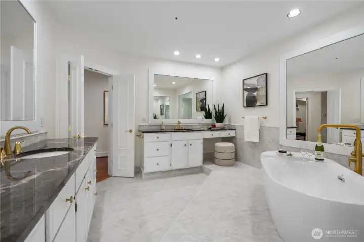 Two separate vanities provide plenty of space