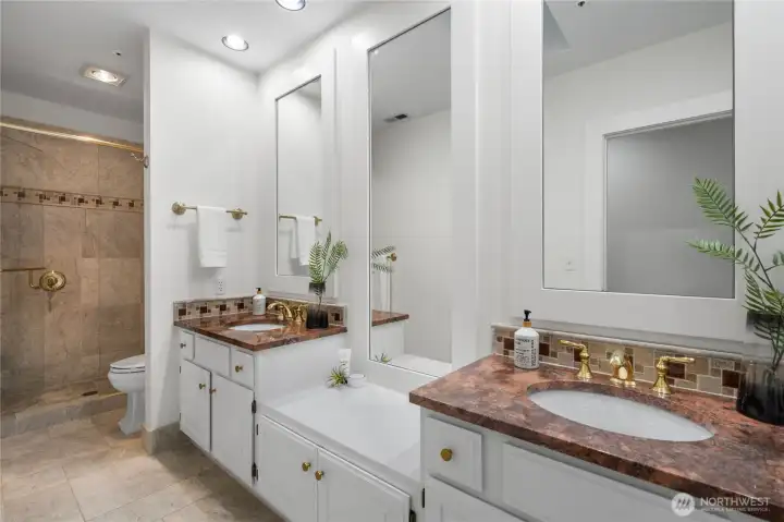 Dual vanities in the full bathroom upstairs