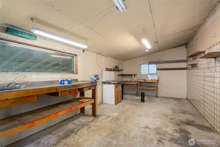 Workbenches stay in the detached garage and workshop