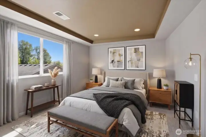 Virtually staged primary bedroom.