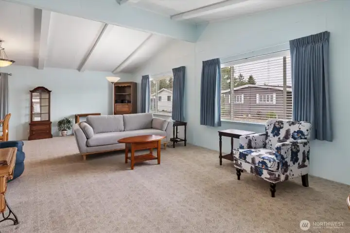 Large, spacious family room with vaulted ceilings.