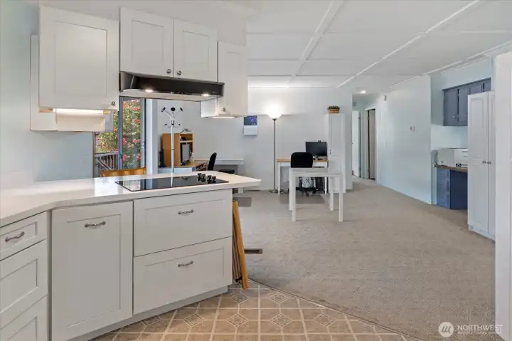 Kitchen out to the living room.