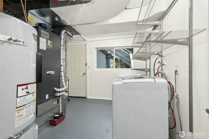 Large laundry room with exterior door, newer furnace/AC and H20