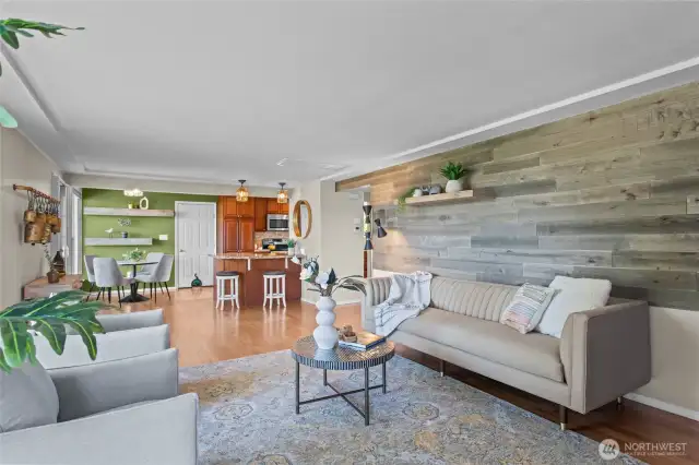 Open to dining and kitchen bar