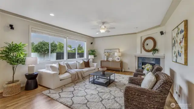 Built-in surround sound, smart thermostat, security system.