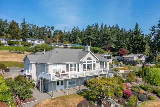 Aerial view looking back at home.