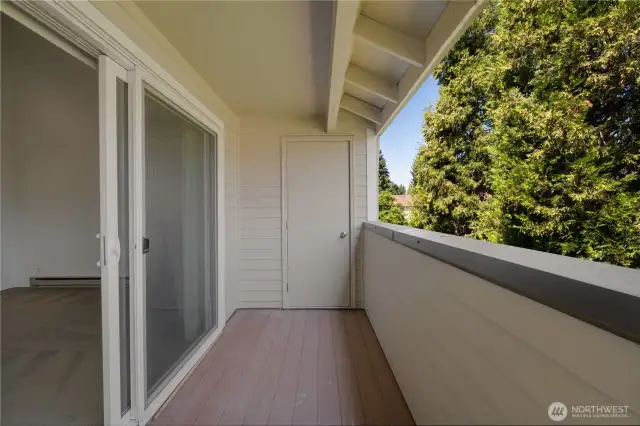 Private deck shows storage door at end