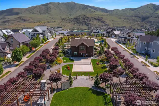 Aerial view of Lookout's Hilltop Park w/ pickleball court and playground.