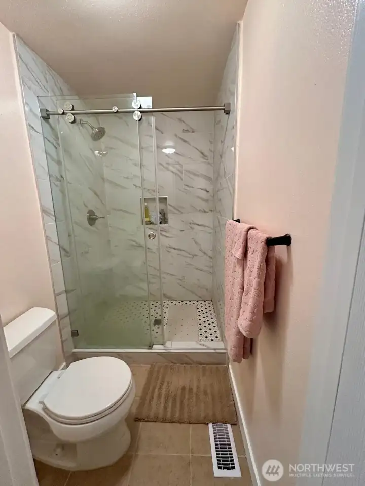 Primary bathroom with new shower