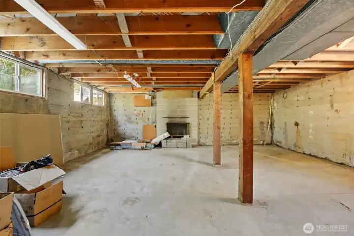 Unfinished basement w/ Wood burning fireplace