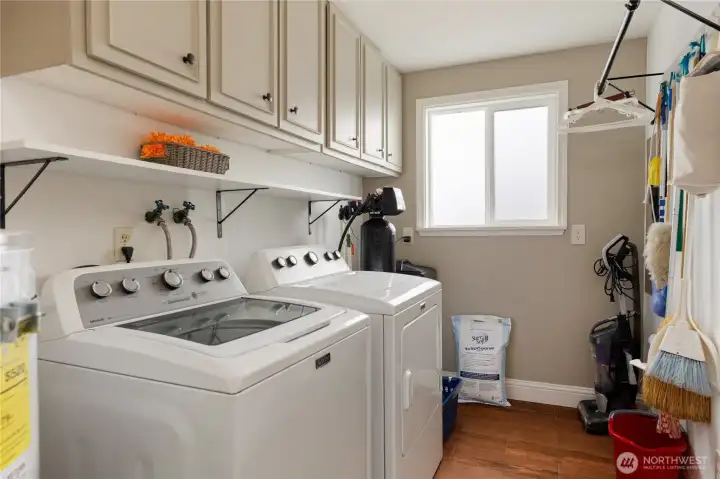Laundry room featuring water heater & water softener