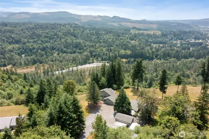 Aerial view of home looking south west into the Orting Valley and the Carbon River.