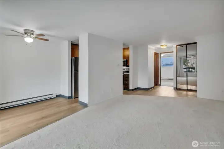 Looking at the space from the fireplace