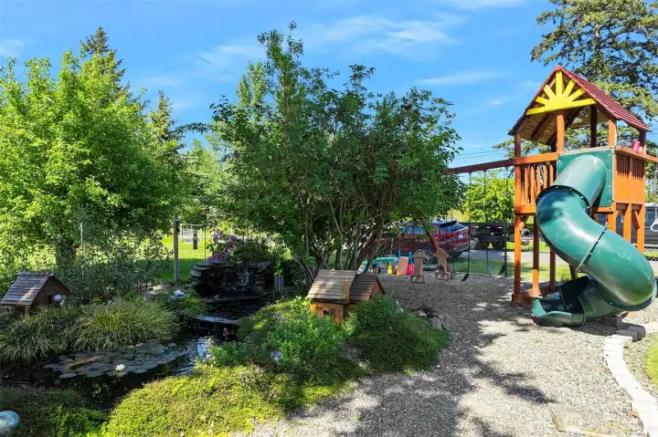 ~Koi Pond with 2 Waterfalls & Water Lily's beginning to bloom as the weather warms up in the Spring~  Quality Big Toy with Covered Sandbox & Play Area~