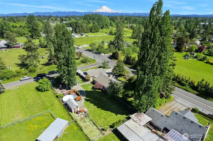 ~Aerial view of back of property & Mt Rainier! You can see Mt Rainier from Dining Room~